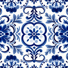 Fototapeta na wymiar Ethnic folk ceramic tile in talavera style with navy blue floral ornament. Italian seamless pattern, traditional Portuguese and Spain decor. Mediterranean porcelain pottery on white background
