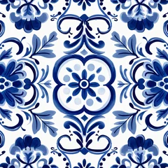 Tapeten Ethnic folk ceramic tile in talavera style with navy blue floral ornament. Italian seamless pattern, traditional Portuguese and Spain decor. Mediterranean porcelain pottery on white background © ratatosk