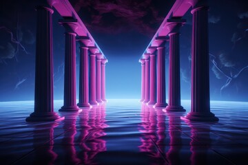 Isolation beauty ancient neon serene a solo journey through neon lit columns of a drowned coliseum serene beauty style minimalist with soft neon glows - obrazy, fototapety, plakaty