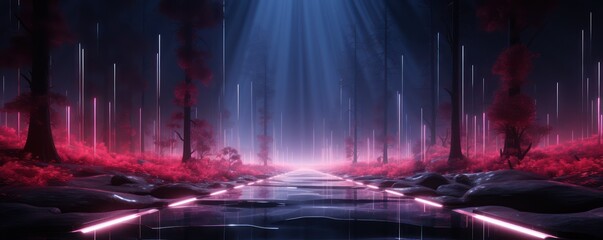 Medium shot of a minimalist scene where technology meets wilderness in a neon forest highlighting the dynamic dimensions trend