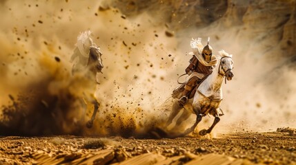 A pair of Numidian cavalrymen racing through the desert their horses kicking up dust behind them as they head towards battle. - obrazy, fototapety, plakaty