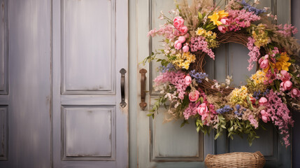 Fototapeta na wymiar Chic Floral Decoration on Vintage Blue Wooden Doors