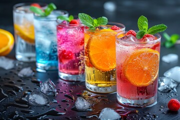Fresh fruit drinks with orange, lemon, and berry garnishes, sparkling with water droplets on a dark backdrop