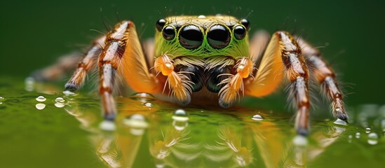 This image shows a detailed close-up of a spider crawling on a vibrant green surface. The spiders intricate body and legs are visible, contrasting against the smooth texture of the green backdrop.
