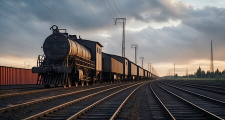 Fototapeta na wymiar Powering through the sunset - A vintage locomotive on the tracks