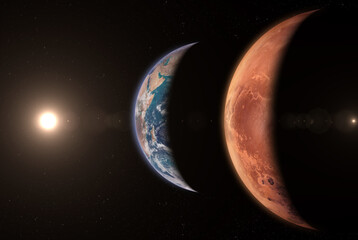 Mars and Earth. Beautiful planets Earth and Mars view from space. Terrestrial planets. Planetary alignment. Elements of this image furnished by NASA. © revers_jr