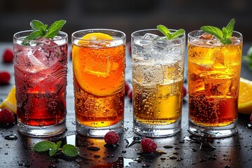 Colorful summer beverages with ice and fruit in tall glasses, perfect for hot days and party...