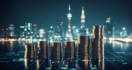  Cityscape of success - A stack of gold coins against a vibrant city backdrop