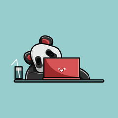 Vector illustration of cute little panda working with laptop sleepy and exhausted. Flat style.