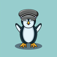 Vector illustration of cute little baby penguin with hat isolated. In flat style.