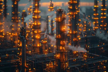 Vertical refinery structures emit soft plumes of steam against the twilight sky, signifying industry and its environmental impact