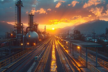 Evening skies glow warmly over a vast industrial train yard, symbolizing transport and economic growth