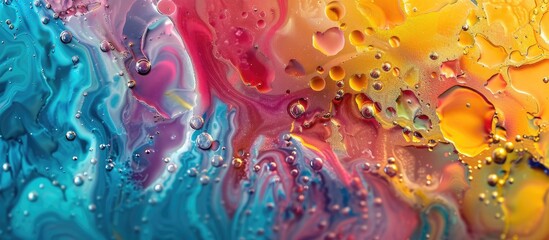 This close-up view showcases a vibrant and dynamic abstract painting created with blue, aqua, yellow, pink, and red colors flowing on a textured background made of water and oil bubbles.