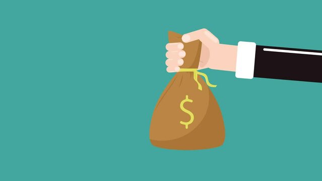Animation of businessman's hand holding a bag filled with money to give away