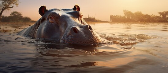 A hippopotamus is submerged in a river, seeking relief from the African heat. The massive animals body is partly visible, with only its eyes, ears, and nose above the water.