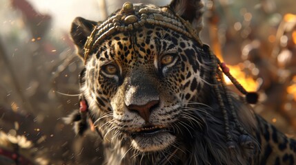 Fototapeta na wymiar A jaguar warrior pauses amidst the chaos of battle his expression stoic and unwavering as he awaits his next move.