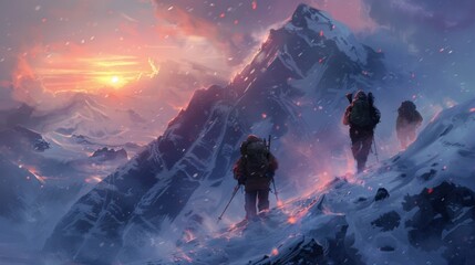 As the sun sets over a rugged landscape a team of mountaineers battles against a raging blizzard perseverance and bravery a testament to the strength of the human spirit. - obrazy, fototapety, plakaty