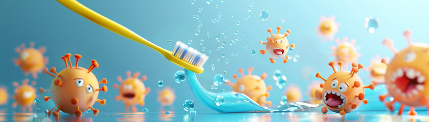 A minimalist 3D scene featuring a charming toothbrush heroically escaping a swarm of cartoon germs