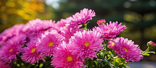 Obraz premium A bright pink Aster Amellus flowers arranged neatly in a vase, placed on top of a wooden table. The vibrant pink petals stand out against the blurred green foliage background.