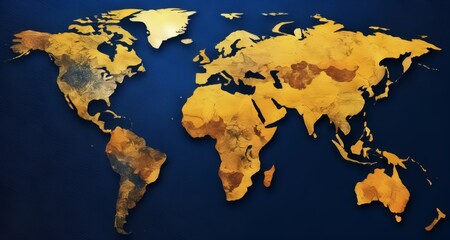  Golden continents on a blue world map