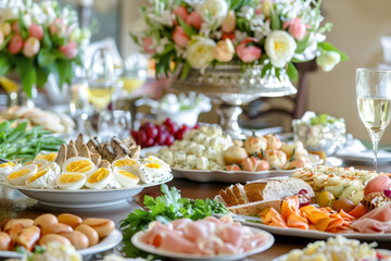 Easter brunch table with food and snacks, variety of meats, cheese selections, eggs and pastries. Colorful spring flowers decoration. Buffet or catering concept