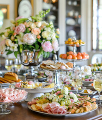 Easter brunch table full with food and snacks, colorful spring flowers decoration on background. Buffet or catering concept - 749067599