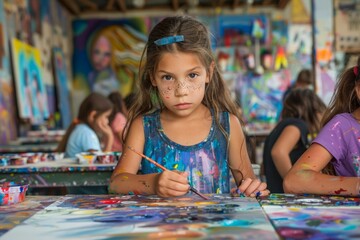 Young creative girl with face paint focusing on art project in colorful workshop environment