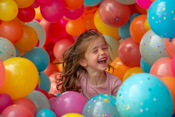 Fototapeta na wymiar Joyful Little Girl Laughing Surrounded by Colorful Balloons at Festive Celebration Event