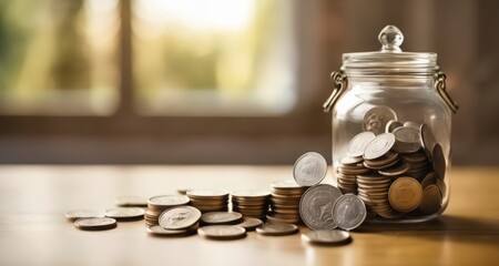  Savings jar with coins, symbolizing financial goals and progress - obrazy, fototapety, plakaty
