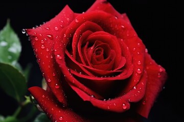 Dew-Kissed Red Rose in Full Bloom on Black Background. Close-up of a Red Rose with Water Droplets