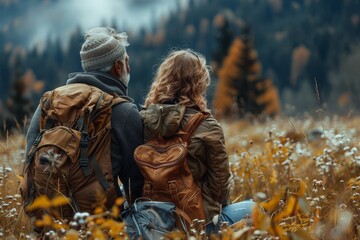 Hiking couple stops to admire the beauty of the autumn woods in a serene forested mountain landscape