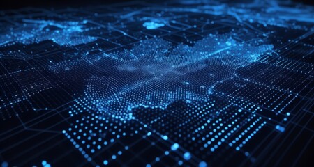  Illuminated digital map with glowing blue dots