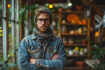 Obraz premium Confident man with beard and glasses standing arms crossed in an indoor botanical garden environment
