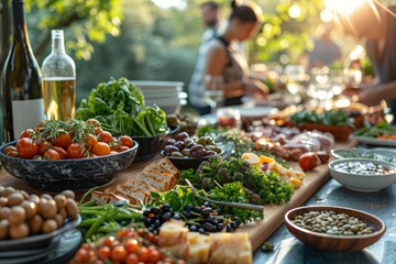 An abundant table of fresh salads, cheese, tomatoes, and bread ready for an outdoor gathering, evoking a sense of community and indulgence