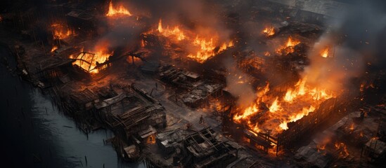 This aerial view captures the destructive blaze consuming a production plant in an industrial area within the city. Smoke billows high into the sky as flames engulf the buildings, causing extensive - obrazy, fototapety, plakaty