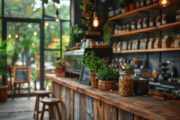 An inviting cafe interior, wooden bar with plants, and hip industrial style lighting in a serene atmosphere