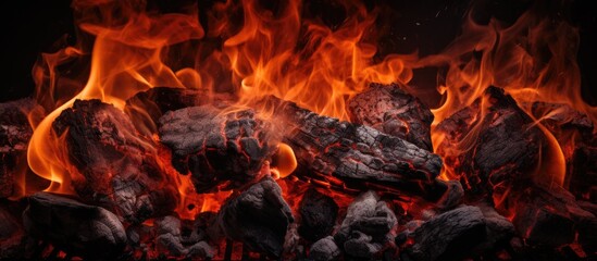 A close-up view of a raging fire burning in a fireplace, with bright orange flames dancing amidst glowing embers and crackling wood logs.