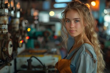 Obraz premium Young blonde woman standing in a workshop with industrial machinery in the background