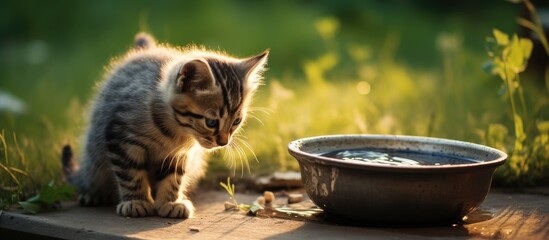 A small kitten is standing beside a bowl of water, observed drinking from it in a side view. The fluffy cat seems thirsty and is taking sips of water. - obrazy, fototapety, plakaty