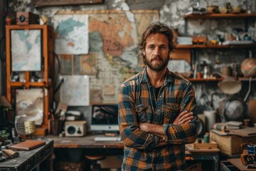 A bearded man with arms crossed stands in a vintage styled creative workshop