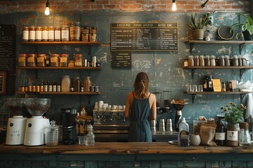 A woman stands in a retro-style coffee shop surrounded by vintage decor, creating a warm, inviting atmosphere