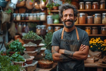 Cheerful tattooed man standing in an herbal shop filled with natural goods and plants