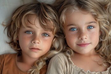 Close-up of siblings with blue eyes and freckles, sharing a moment of innocent joy and connection