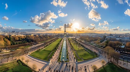very wide angle panoramic aerial view of the famous Jardin des Tuileries park of Paris near the...