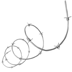Silver barbed wire in a spiral shape isolated on a transparent background. 3D illustration.