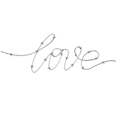 The word "love" written with chrome barbed wire isolated on a transparent background.