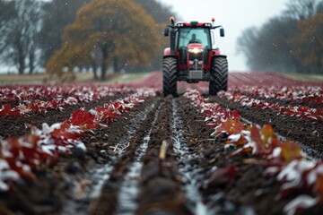 Dramatic image of a red tractor plowing through wet soil with vibrant red leaves and a moody overcast sky - Powered by Adobe