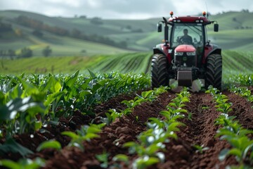 Fototapeta premium Modern red tractor amidst green crops in earthy soil with rolling hills in the soft-focus background