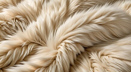 Close-up of soft, creamy beige faux fur with luxurious and fluffy texture.