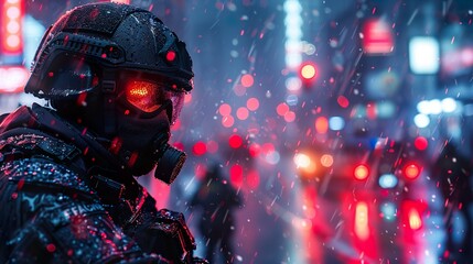 special police with gas mask in red light  - obrazy, fototapety, plakaty